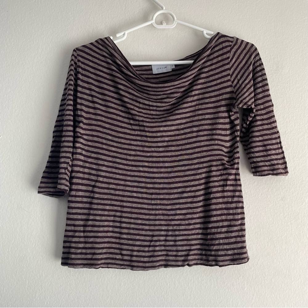 Jigsaw brown striped crew neck blouse